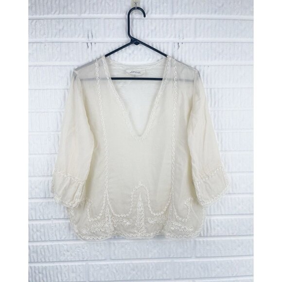 The Great Shirt Womens Size S Embroidered 3/4 Sleeve Silk Blouse Boho Sheer - Picture 1 of 11